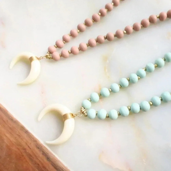 New! Festival Crescent Beaded Necklace in Blush Pink - Picture 1 of 3